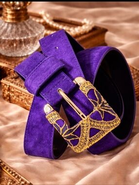 Vintage 80s EXPRESS Purple Suede Leather Belt Gold Embroidered Buckle Size L